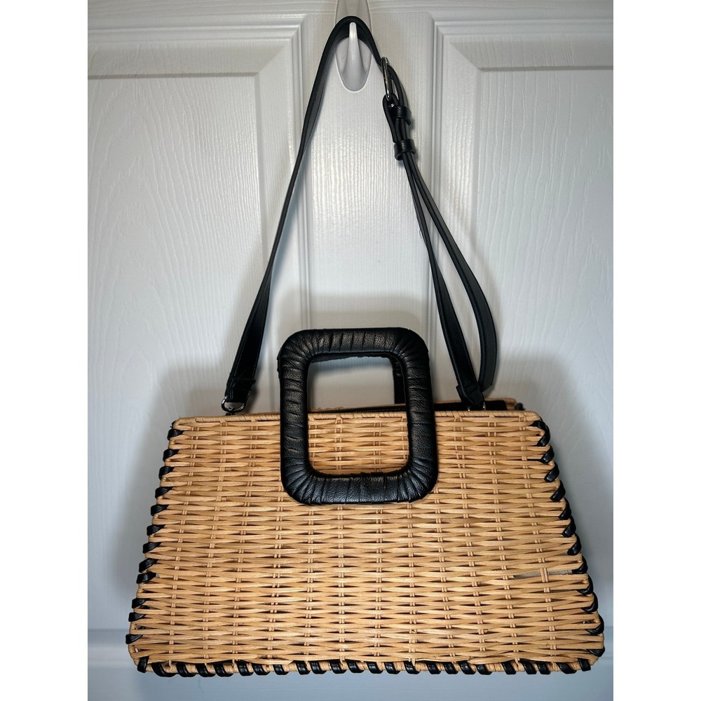 BCBGMAXAZRIA Wicker Whipstitch Woven Straw Top Handle Bag Black Leather Trim - Picture 2 of 9